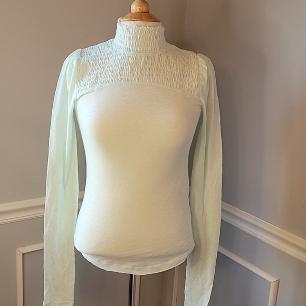 WE THE FREE | ANTHRO Seafoam Mint Green Smocked High Neck Semi‎ Sheer Boho Top S